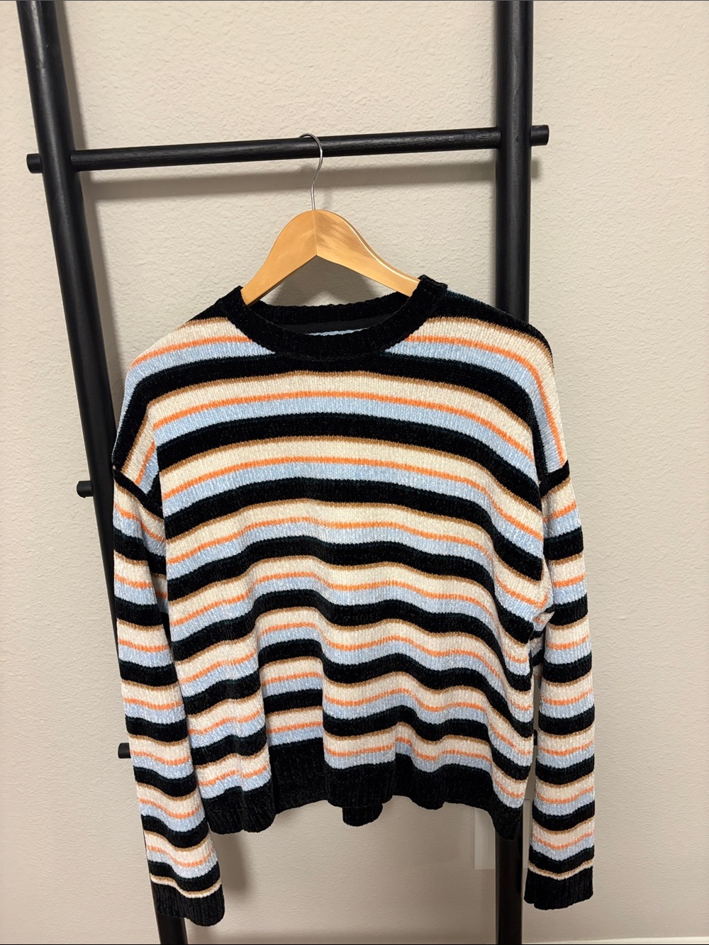 Volcom Striped Crewneck Sweater - Black, Light Blue & Orange Small
